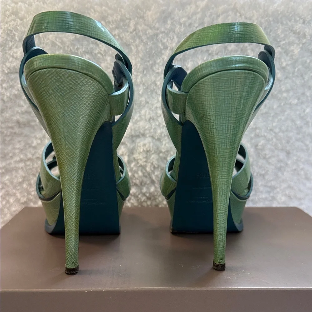 YSL Yves Saint Laurent Tribute Green Lizard Embossed Platform Heels Sandals 36.5